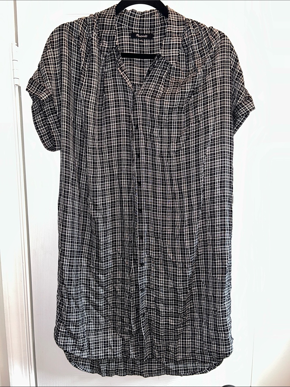 Madewell Black White Plaid Buttondown Shirt Dress Large 100% Viscose